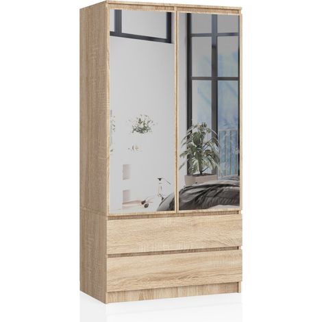 Akord – Armoire avec miroir chêne sonoma 90 cm – 2 portes battantes – 2 tiroirs – 4 étagères – Dimensions 90x51x180 cm (1/5)
