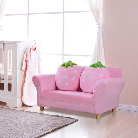 Fauteuil/canapé enfant aspect polaire corail, pieds en bois massif, assise en mousse, idéal pour chambre d'enfant ou salle de jeux, 90 x 53 x 48 cm, rose (1/5)