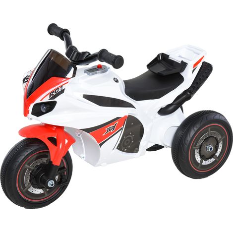 Moto jouet à 3 roues pour enfants de 18 à 36 mois, style police, avec musique et phares, sans pédales, en polypropylène et métal, blanche et rouge.