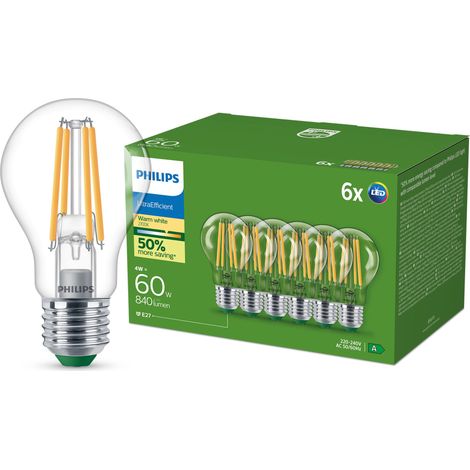 Philips LED Ultra Efficient E27 Standard Lampe (A60) Klar 60 W Nicht dimmbar Warmweißes Licht - 6 Stück (1/5)