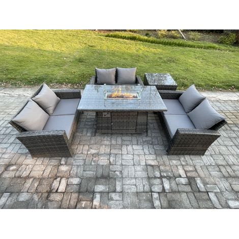 Fimous Gartenmöbel-Set im Freien 6-Sitzer Poly Rattan Sitzgruppe mit Gas Feuerstelle Tisch Doppelsitz-Sofa Beistelltische Dunkelgrau Gemischt (1/5)