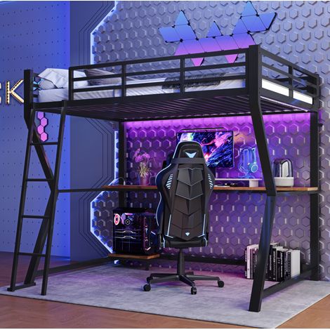 Bett Hochbett Schreibtisch 90x200 Metall Schwarz OKMYHOME (1/5)