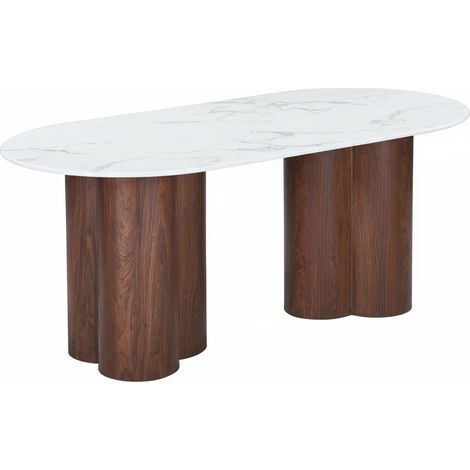 JASMINA XL - Table à manger ovale en marbre composite pieds couleur bois foncé 180 cm