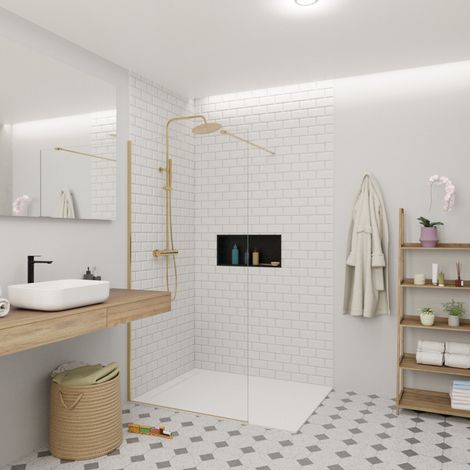 Swiss Aqua Technologies Mampara Walk-in 100x200cm 8 mm antical Crystal Glass®, con brazos y perfiles de latón (SATBWI100PRMO)