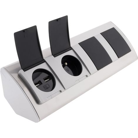 Otio – Multiprise d'angle 3 prises 16A + 2 USB 2.4A – Aluminium avec clapets de protection – Installation verticale/horizontale
