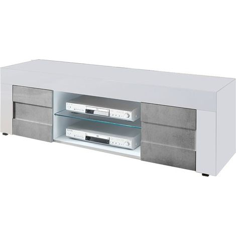 Pied meuble TV blanc brillant avec 2 portes gris béton L.138 P.42 H.44 cm (1/3)