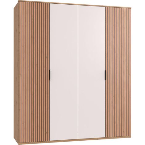 Armoire avec corniche, placard coloris blanc, imitation chêne Artisan - Longueur 180 x Hauteur 210 x Profondeur 58 cm (1/2)