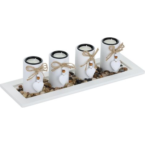 Porte-Bougies avec Plateau et Pierres décoratives, 39,5 cm, décoration de Table, Salle à Manger, Salon, Blanc (1/5)