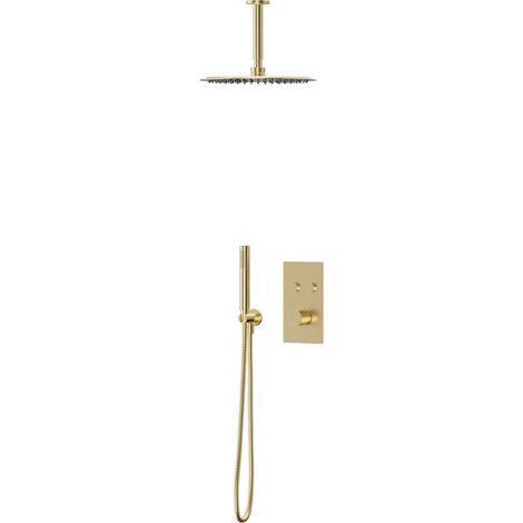 Colore Brushed Brass Concealed Push Button Twin Thermostatic Shower Valve Including 300mm Round Fixed Shower Head with Ceiling Arm and Round Shower Outlet Holder with Kit - 2 Outlet (1/3)