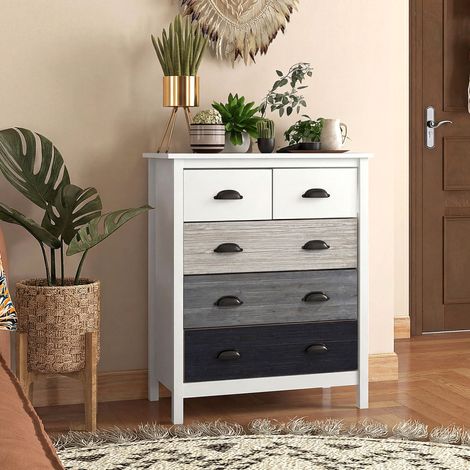 Buffet, commode, 5 tiroirs, surface laquée, MDF et pin, 70 x 38 x 85 cm, blanc (1/5)