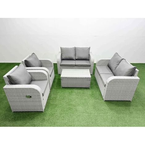 Fimous 6 Seater Outdoor Reclining Chair Love Sofa Set Rattan Garden Furniture Set with Rectangular Coffee Table Light Grey (1/4)