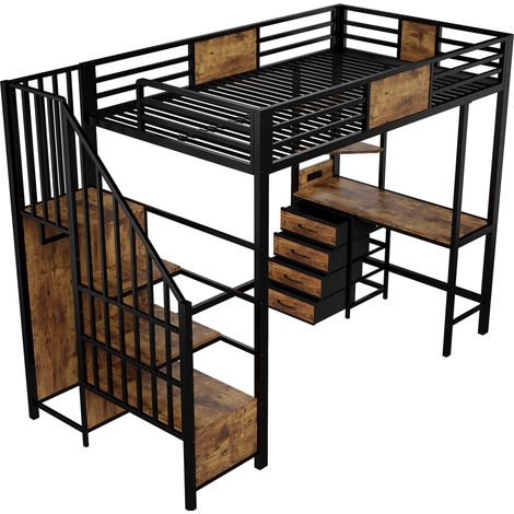 Lit mezzanine 90 x 200 cm en métal noir avec bureau, rangements, barre de penderie, LED et prise (1/5)
