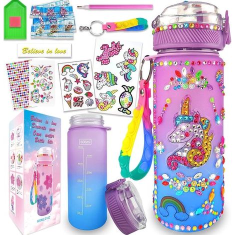 Gourde enfant 600 ml – Bouteille d’eau étanche avec accessoires de décoration DIY – Gourde personnalisable pour activités créatives peinture et autocollants – Pour filles – Violet (1/5)