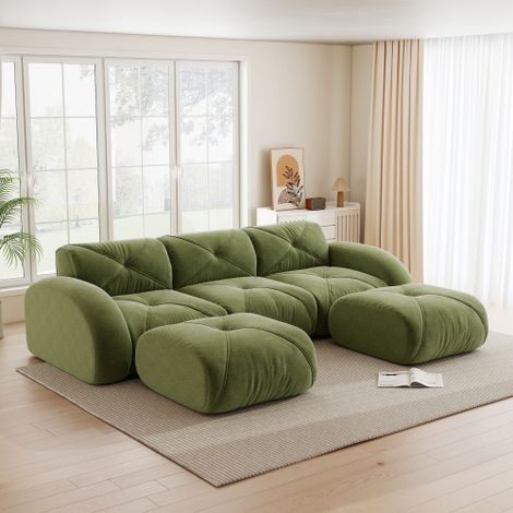 U-förmiges 3-Sitzer-Modulsofa, rahmenloses Modulsofa, inklusive 2 Hockern, geeignet für Wohnzimmer, bequemer Stoff, rutschfestes Design, keine Montage erforderlich, Grünes
WL