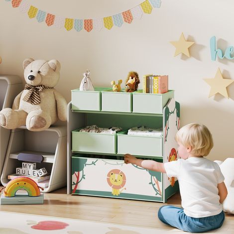 Mobile contenitore per bambini a 3 ripiani, scaffale porta giocattoli con 6 contenitori in tessuto rimovibili, verde