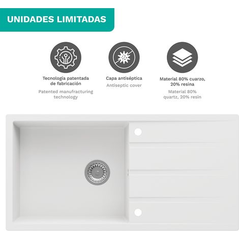 Fregadero de cocina de cuarzo Oblack Dello 100x50 cm 1 cubeta con escurridor color blanco