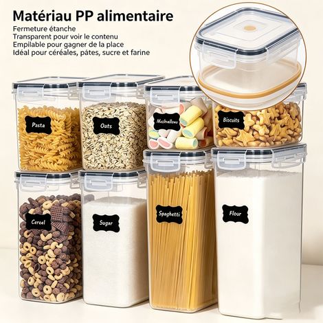 Lot de 8 bocaux de rangement transparents en PP avec couvercles étanches, 0,8L, 1,4L, 2,0L, 2,8L (x2), pour garde-manger, céréales, légumineuses, sucre, farine - Transparent (1/5)