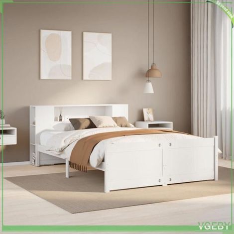 Lit bibliothèque - 3322432 - Bois pin massif - 135 x 190 cm - Tête de lit avec rangement (1/5)