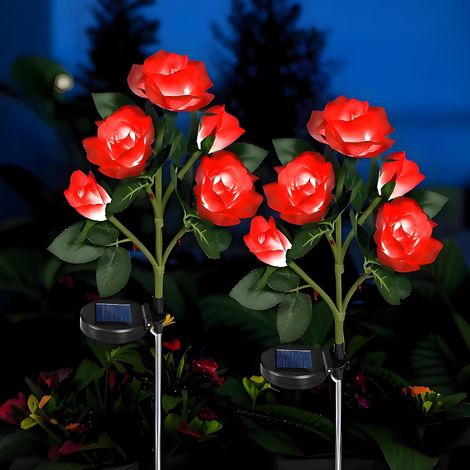 2 Stück Set Solarlampen Außen Garten, IP65 Wasserdichte LED Solar Rosen Blumen, solar blumen für Terrasse, Balkon, Weg, Hochzeit (Rot) (1/3)