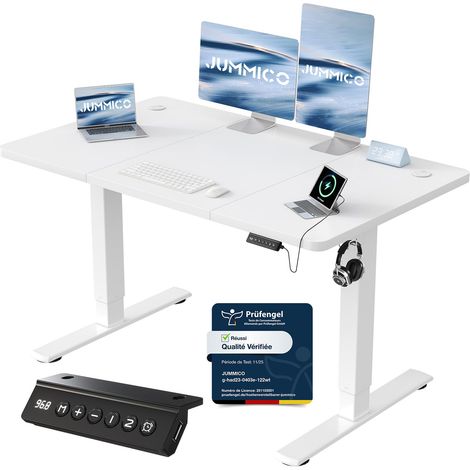 Bureau Assis Debout 120×60 cm, Rappel Posture, 2 Mémoires, Blanc (1/5)
