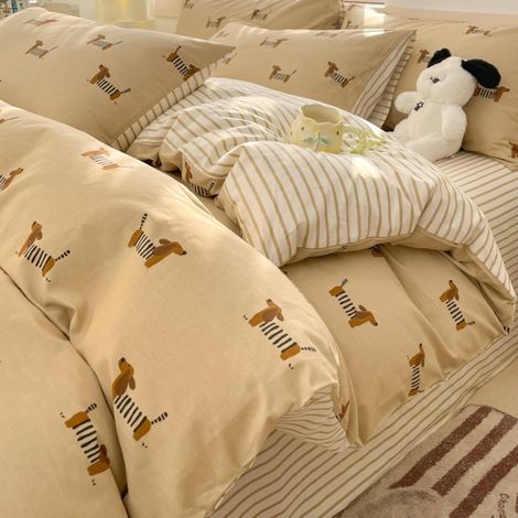 Housse de Couette 240 x 260cm Beige Teckel Parure de Lit Teckel Stripes Réversible Housse Couette en Microfibre Chiens Sets de Housse Couette avec Fermeture Éclair et 2 Taie d'oreiller 65x65cm (1/5)