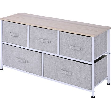 Commode meuble de rangement 100 x 30 x 54 cm 5 tiroirs non-tissés gris structure acier blanc bois clair (1/5)