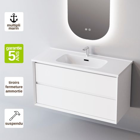Meuble de salle de bain plan vasque Céramique, 2 Tiroirs,l100xh54xp45, Laqué Blanc Mat, COOL (1/5)