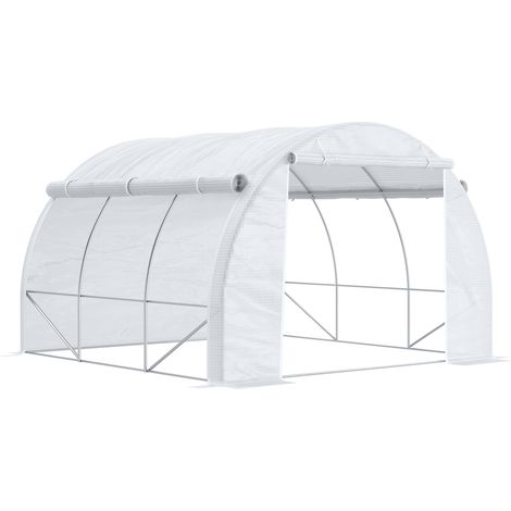 3 x 3 x 2 m Polytunnel Greenhouse with Roll-up Side Walls, Walk-in Grow House Tent with Steel Frame, Reinforced Cover, Zipped Door and 6 Mesh Windows for Garden, White
