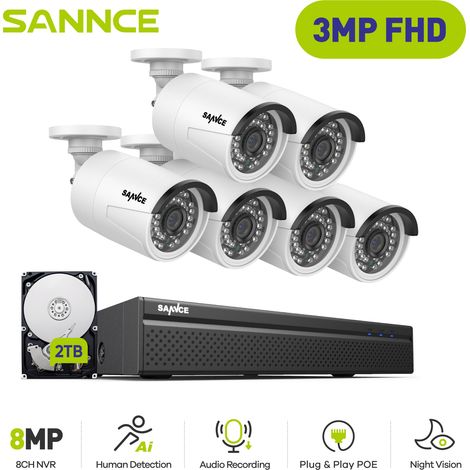 SANNCE Kit di videosorveglianza Esterna 3MP 6×Telecamere IP Visione Notturna IR Intelligente, Kit Telecamera di Sorveglianza Cablata Rilevamento Movimento 2TB (1/5)