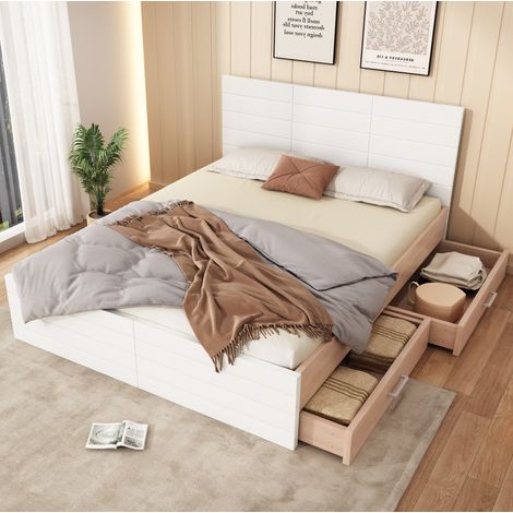 Lit bois massif et MDF blanc et chêne clair 160x200 cm avec 2 tiroirs et sommier à lattes inclus (1/5)