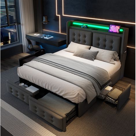 Lit rembourré 140x200 cm moderne en coton et lin gris avec tête de lit, LED, USB-C et 4 tiroirs, sommier à lattes (1/5)