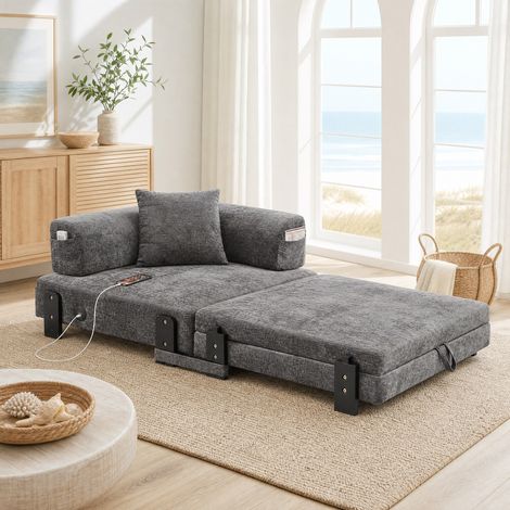 Divano letto pieghevole 84x170.5x48 cm, design 2 in 1, porte USB e Type C, tessuto, dark grey (1/5)