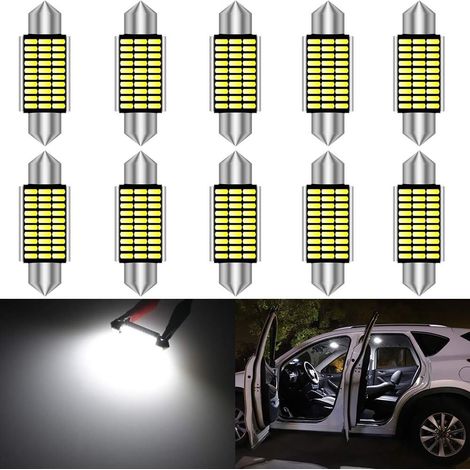 39mm Festoon C5W Ampoules 6000K lumière Blanche Canbus sans Erreur pour 6411 6413 6423 6461 lumières de Porte de Plaque d'immatriculation de dôme intérieur (10pcs, Blanc) (1/5)