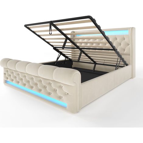 Lit double capitonné moderne 140x200 cm, lit capitonné avec lumières LED, tête de lit de rangement avec ports USB et Type C, lit de rangement hydraulique, beige, velours (sans matelas) (1/5)