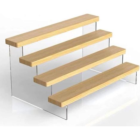 Présentoir escalier 4 niveaux – Acrylique transparent, bois – Organisateur polyvalent – Figurines, épices (1/4)