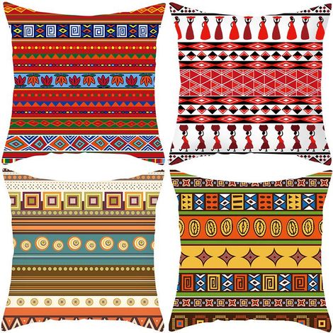 Housse de coussin ethnique rayé rétro 45x45 cm, lot de 4 taies d'oreiller rouges 18x18 pouces, coussin décoratif carré en polyester doux, housse pour canapé salon lit (1/5)