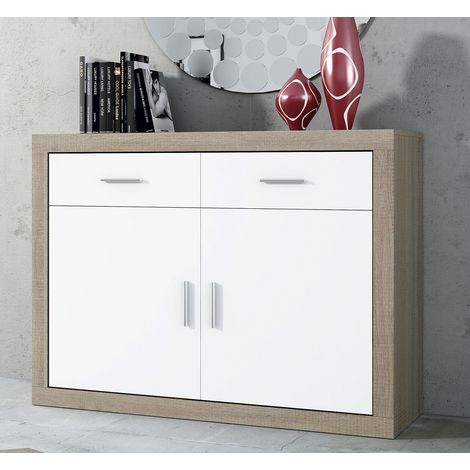 Pegane – Buffet en panneaux de particules mélaminés chêne cambrian et blanc – Longueur 120 cm x profondeur 41,4 cm x hauteur 90,2 cm – Meuble élégant et fonctionnel (1/2)