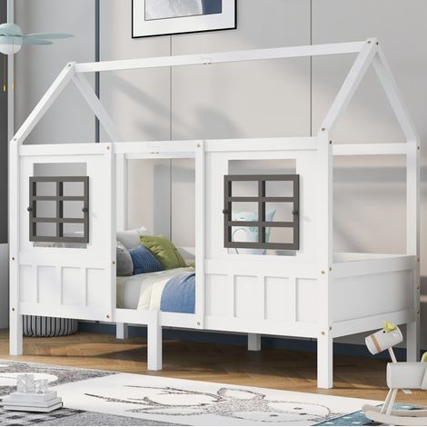 Kinderbett Hausbett mit 2 Fenstern 90x200 Weiß Holz OKMYHOME (1/5)