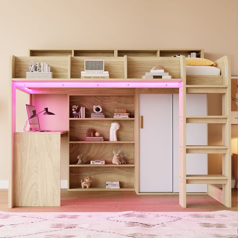 Lit mezzanine multifonctionnel 90 × 200 cm, avec bureau, armoire, meuble de rangement, compartiments de rangement, éclairage LED et prise électrique, sommier à lattes, coloris bois (1/5)
