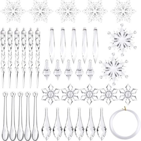 Ensemble de 85 décorations de Noël en acrylique en forme de flocons de neige et de glaçons, avec lignes de cristal, pour sapin de Noël et fêtes de fin d'année. (1/5)