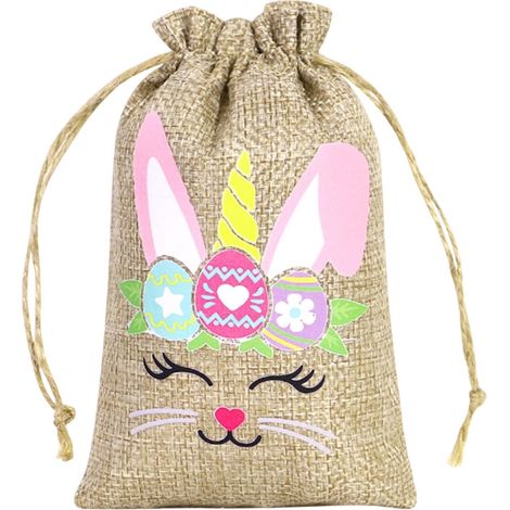 Sac Cadeau À Cordon - Linen - Lapin De Pâques Et Œufs - Pour Bonbons Et Petits Cadeaux - Réutilisable - 10 X 15 Cm - Lot De 1 (1/5)