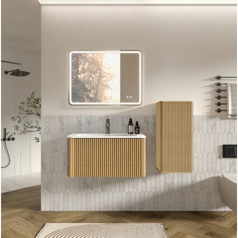 Set mobili bagno sospesi 80 cm con lavabo, specchio LED e colonna laterale color rovere (1/5)