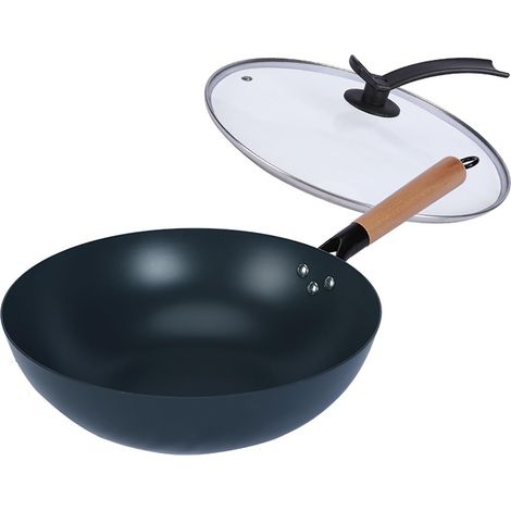 Poêle à frire Wok de 32 cm avec couvercle en fer : manche en bois massif compatible avec l'induction Poêle en fer forgé avec couvercle en verre pour les cuisiniers amateurs (1/5)