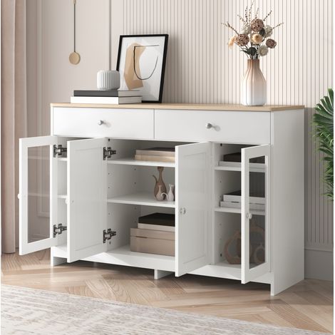 MEUBLIV Aparador de almacenaje 120 cm blanco y madera – 4 puertas, 2 cajones, estantes regulables (1/5)
