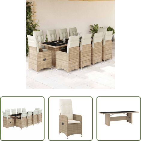 Gartentisch - 11-tlg. Garten-Bistro-Set mit Kissen Beige Poly Rattan (1/5)