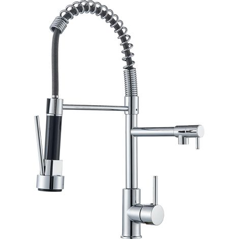 Küchenarmatur mit ausziehbarer Brause, Chrom  Edelstahl-Spültischarmatur, 360° schwenkbar mit zwei Strahlarten (1/5)