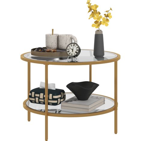 Moderner zweistöckiger Beistelltisch, 60 cm Durchmesser, 43 cm Höhe, goldfarben