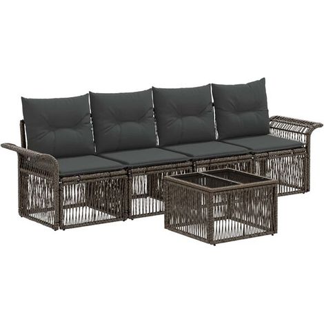 Ensemble de Canapé de Jardin 5 Pièces en Rotin Synthétique Gris, Meubles d'Extérieur en Polyéthylène Tressé pour Terrasse et Patio (1/5)