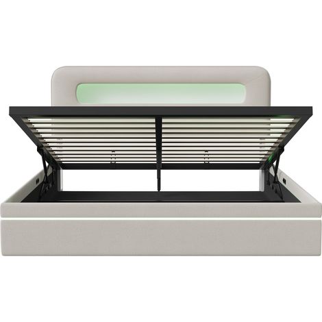 Letto 160x200 cm con LED, letto contenitore con rete a doghe, struttura letto per adulti, tessuto in velluto, 160x200 cm, beige (1/4)
