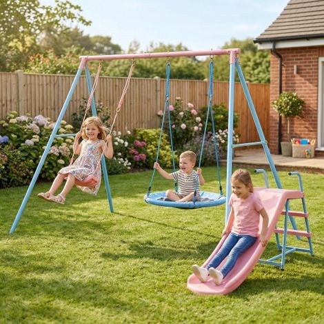 Portique de jeux enfant avec 2 balançoires et toboggan en acier bleu et rose, structure extérieure dès 3 ans (1/5)